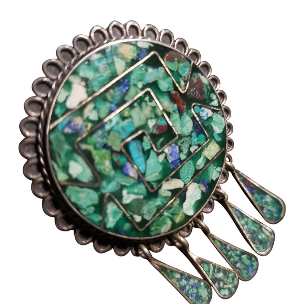 Sterling Silver 925 Signed Taxco Mexico Turquoise Inlaid Mosaic Pendant/Brooch